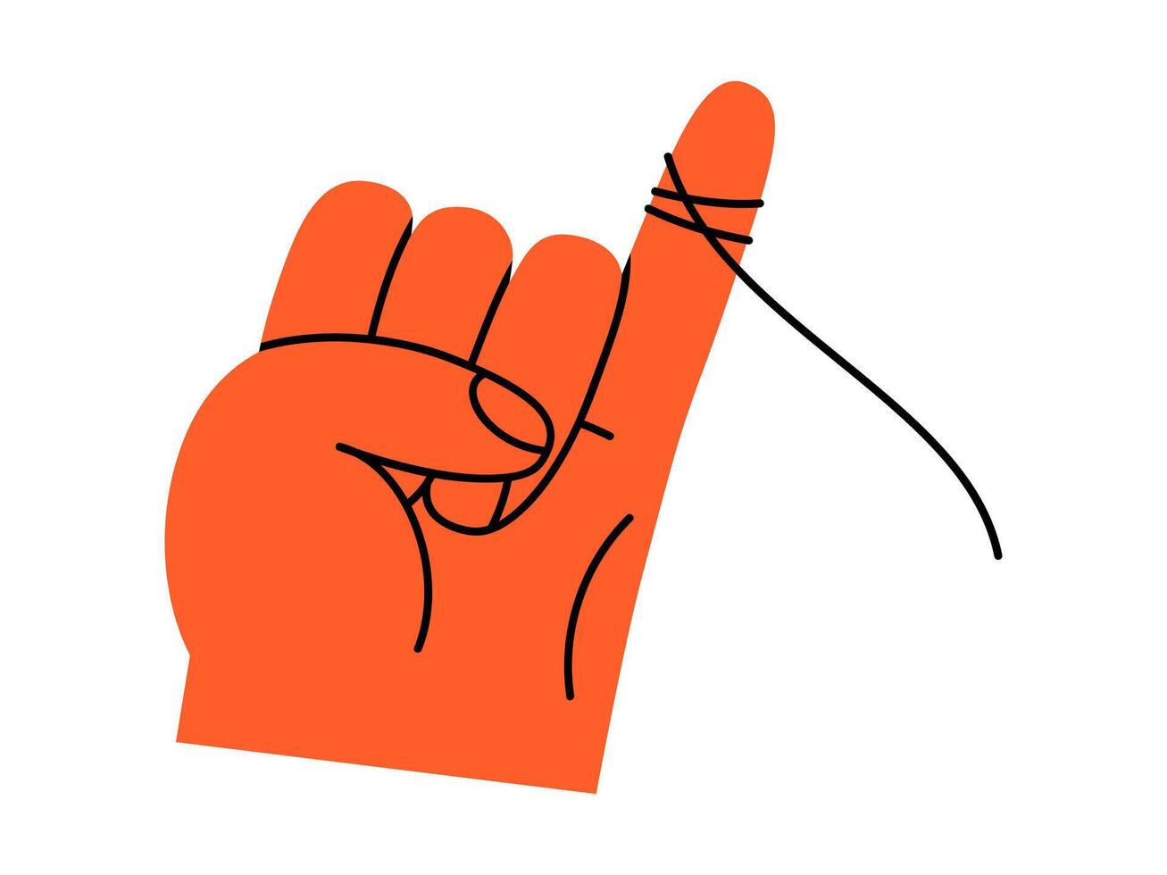 Hand drawn cute cartoon illustration hand with broken red thread. Flat doodle rope tied on little finger. Relationship problem icon. Divorce, quarrel, breaking up print. Isolated. vector
