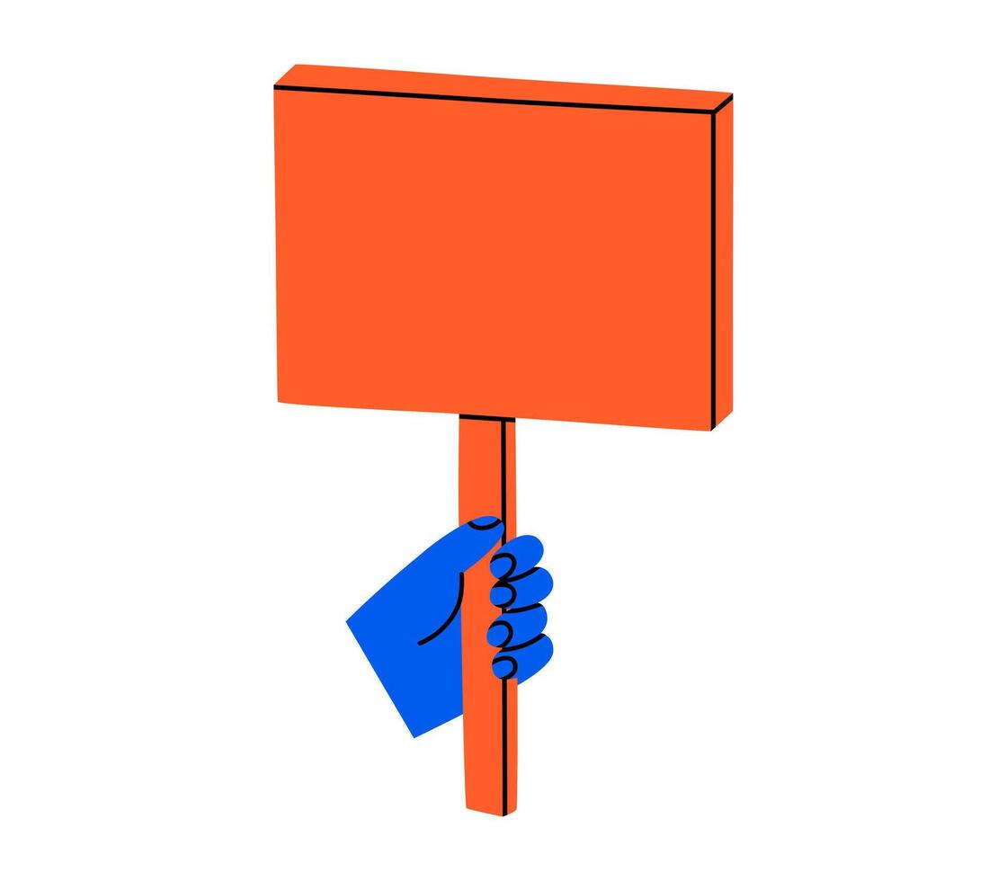 Hand drawn cute cartoon illustration hand with blank strike banner. Flat arm holding sign board sticker in doodle style. News alert icon. Communication speaker. Social protest. Isolated. vector