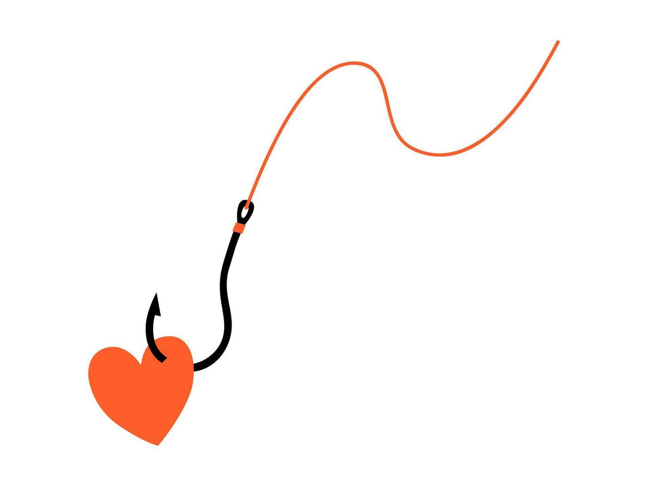 Hand drawn cute cartoon illustration of heart on hook with fishing line. Flat falling in love doodle. Abusive relationships. Find perfect match icon. Romantic codependent feelings. Isolated. vector