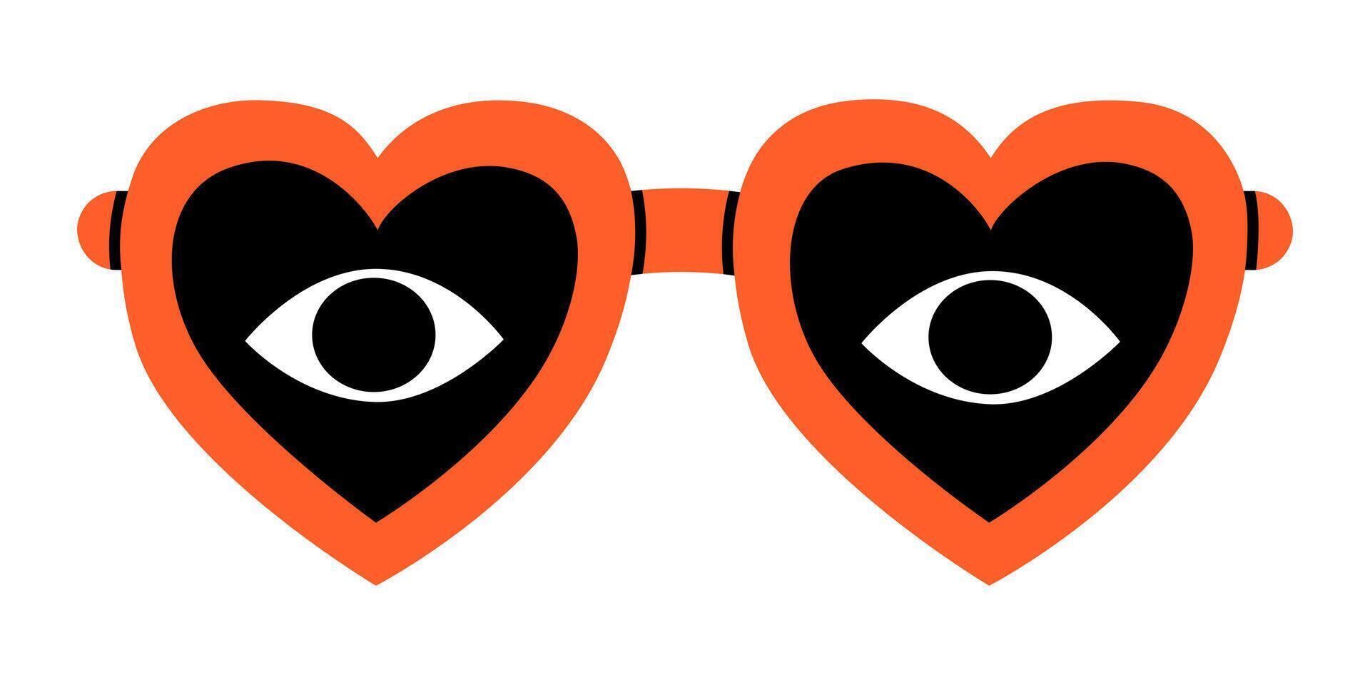Hand drawn cute cartoon illustration of heart shaped glasses with eyes. Flat first sight love doodle. Rose-colored vision icon. Valentine's Day print. Searching for relationship. Isolated. vector