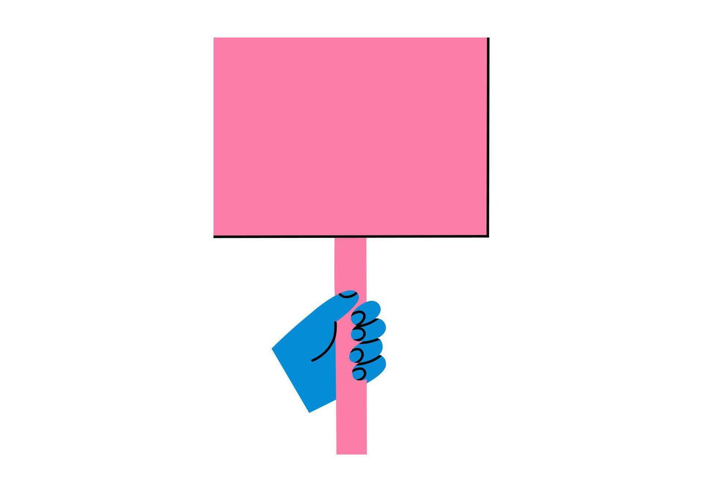Hand drawn cute cartoon illustration hand with blank strike banner. Flat arm holding sign board sticker in doodle style. News alert icon. Communication speaker. Social protest. Isolated. vector