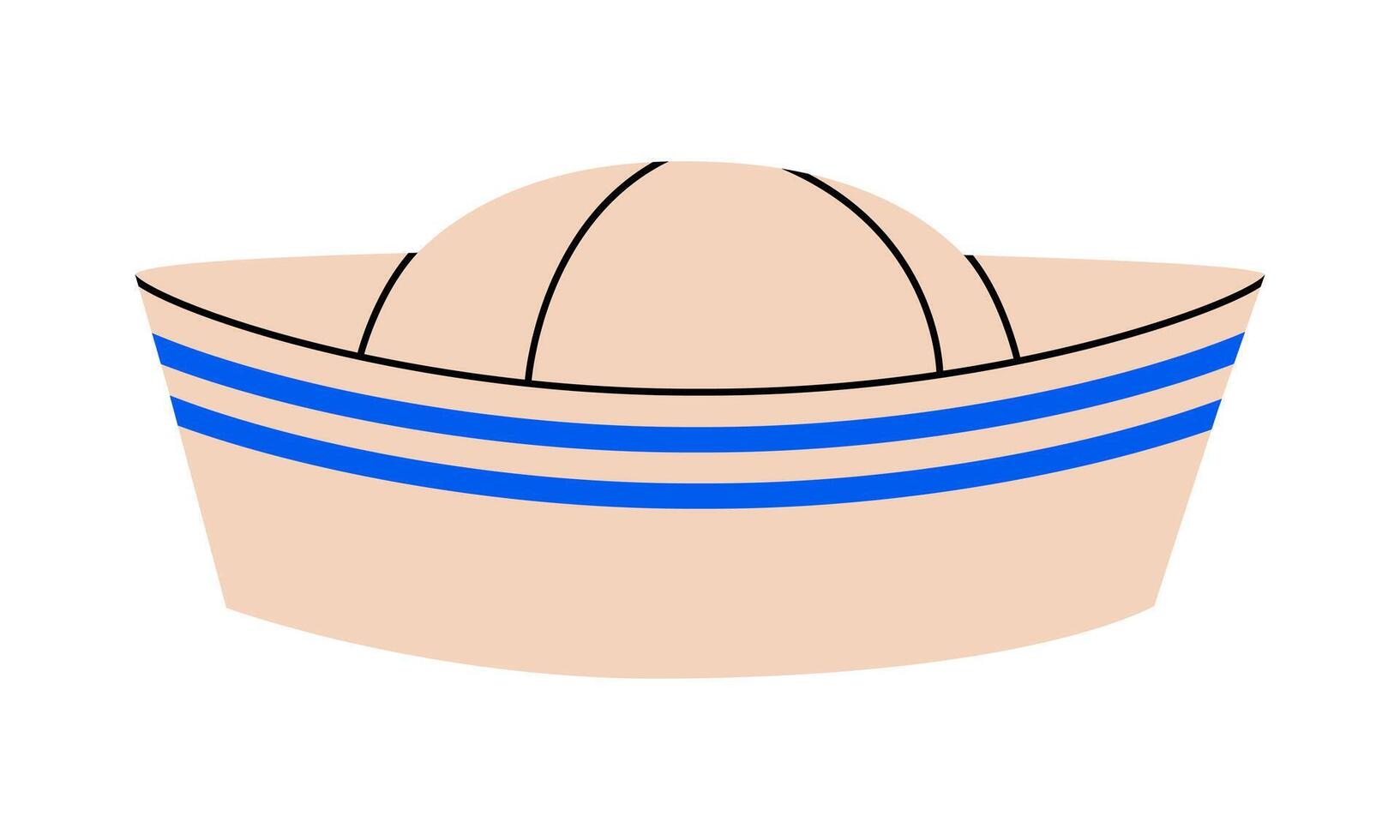 Hand drawn cute cartoon illustration of sailor hat. Flat marine uniform cap in doodle style. Head wear for ship or boat seaman icon or print. Vacation or holiday summer costume. Isolated. vector