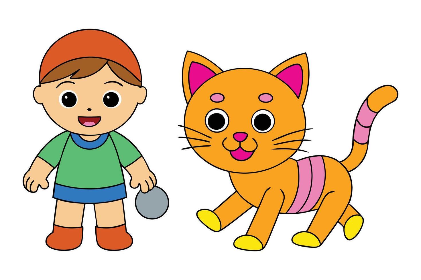 Charming of a cute cat playing with a kid, perfect for clipart and printable designs. vector