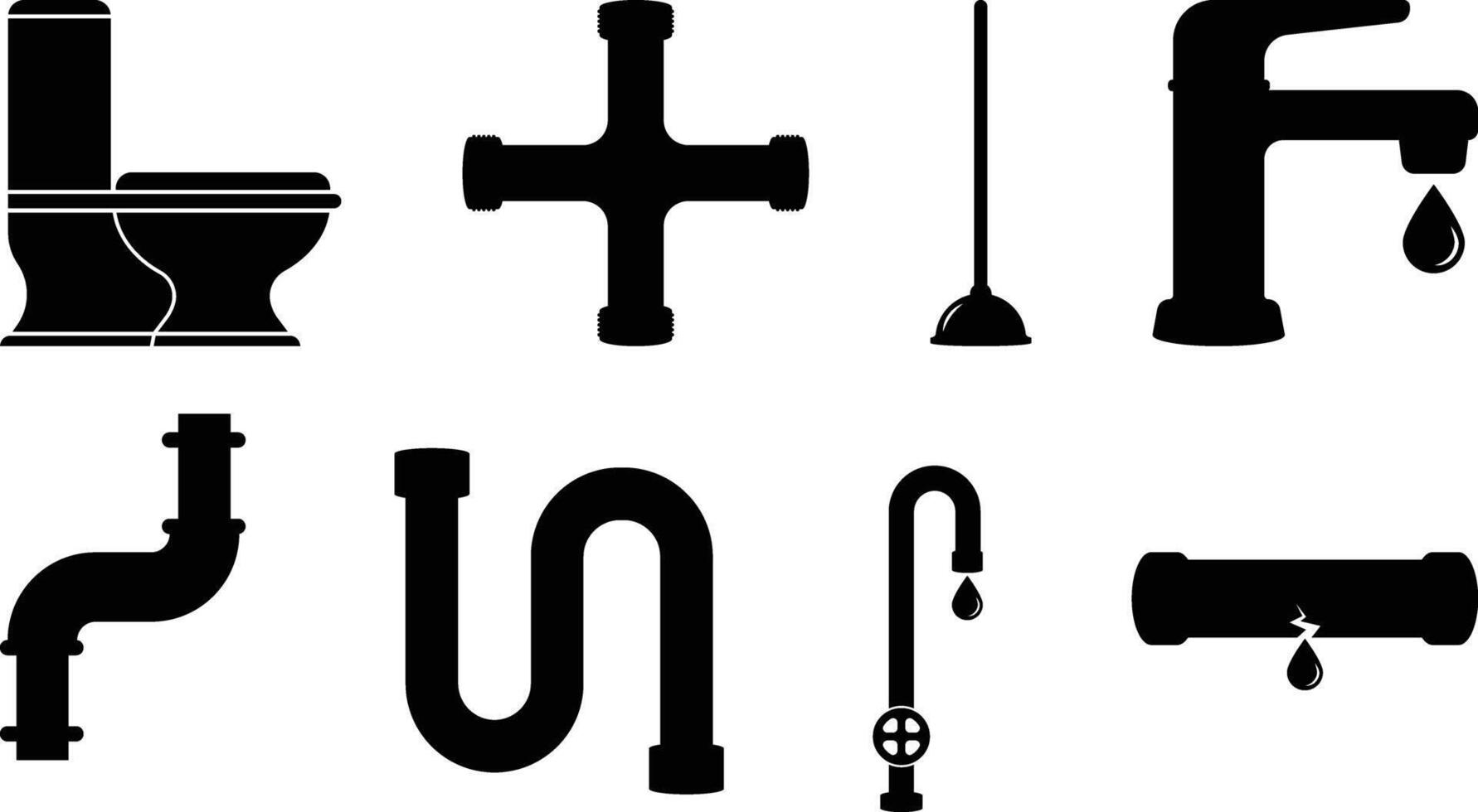 Toilet, Faucets, Taps, Plunger, Broken, Cross Joint crew, Pipes Plumbing Icons. vector