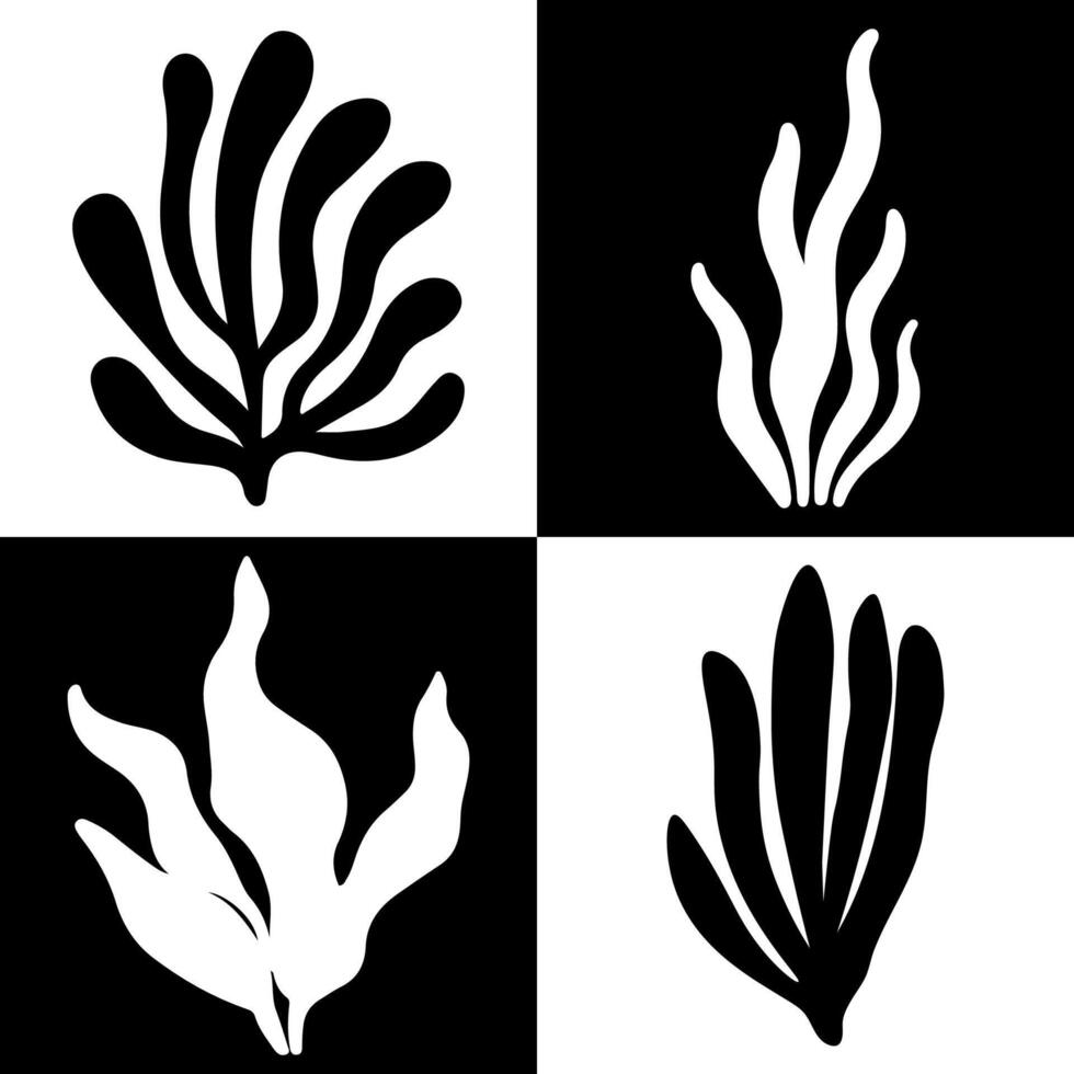 Seamless pattern of black and white silhouette seaweed and corals illustrations. Algae modern background. Perfect for marine-themed, underwater scenes and graphic design. vector