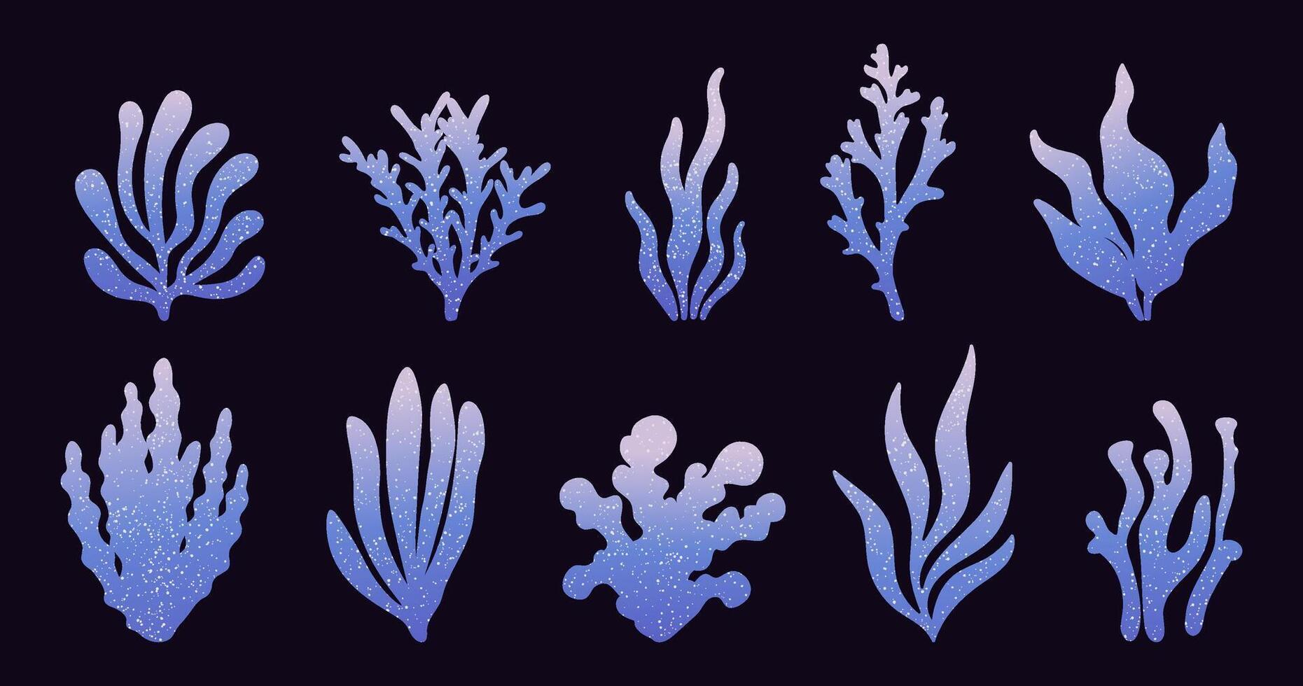 Set of fantasy seaweed illustrations with a gradient design. Cute algae and coral. Underwater elements. Perfect for marine-themed designs, scrapbooking, print. vector