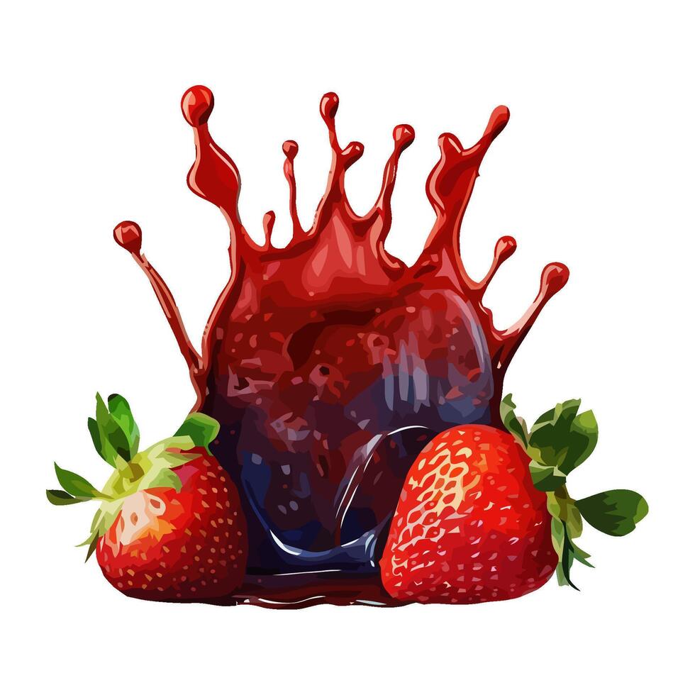 Juicy berry drop splashing on ripe strawberry icon isolated vector