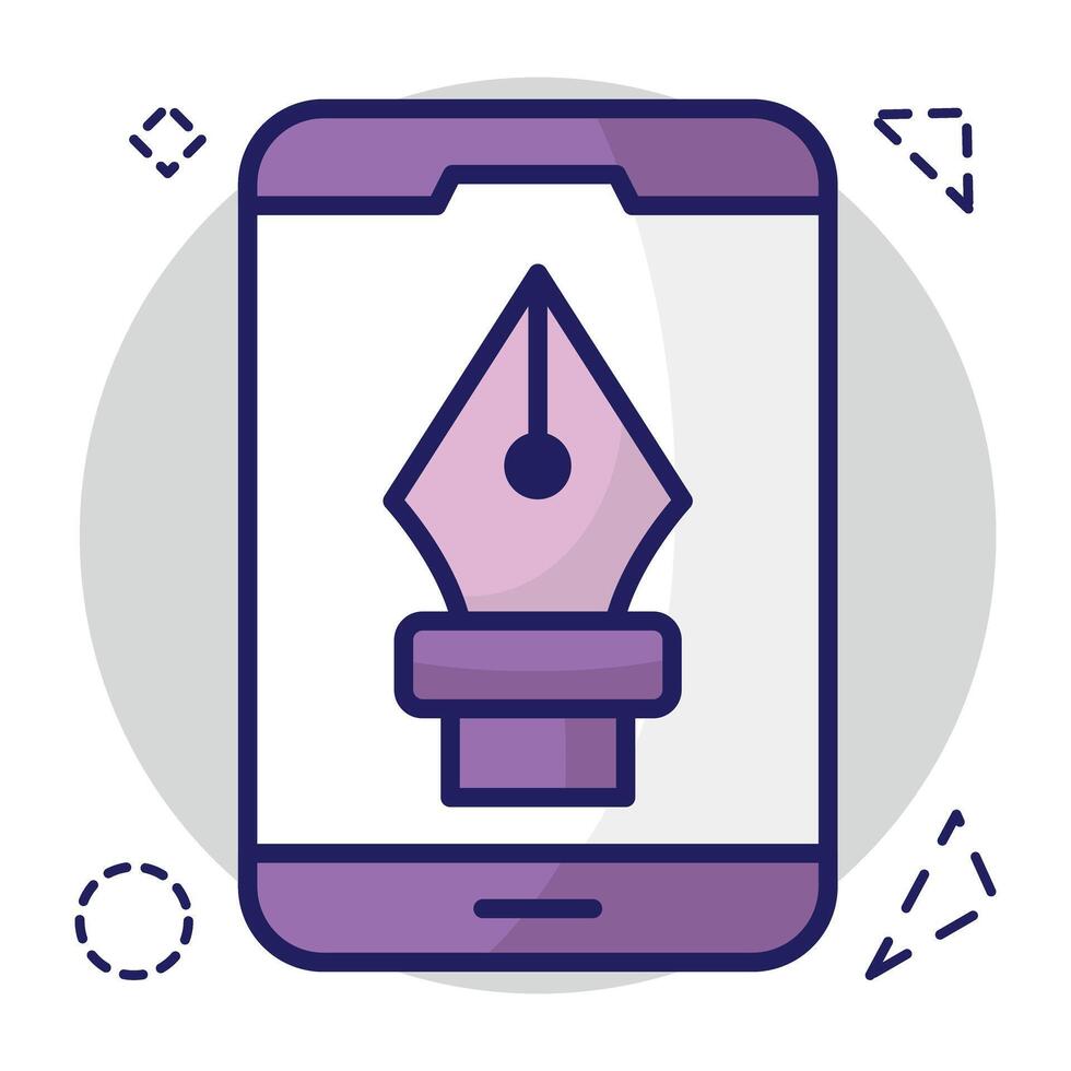 Pen with nodes inside smartphone, mobile bezier tool icon vector
