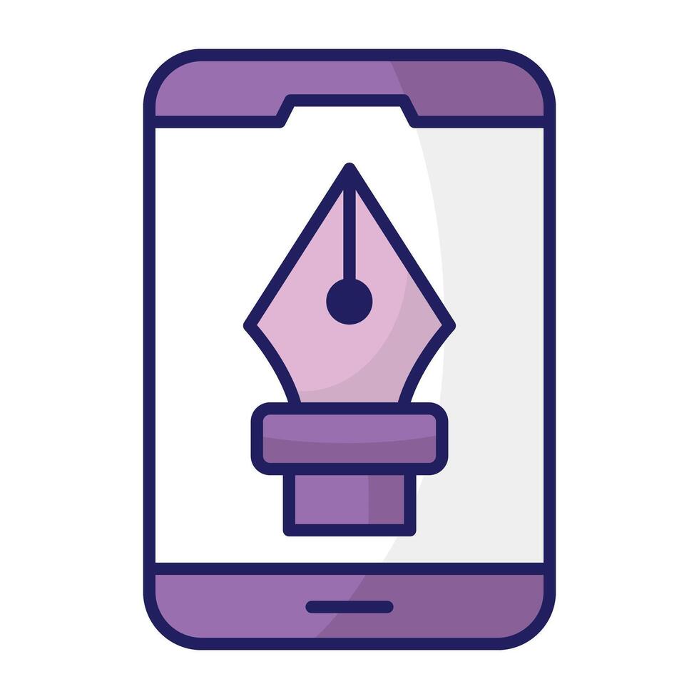 Pen with nodes inside smartphone, mobile bezier tool icon vector