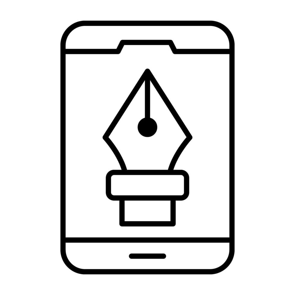 Pen with nodes inside smartphone, mobile bezier tool icon vector