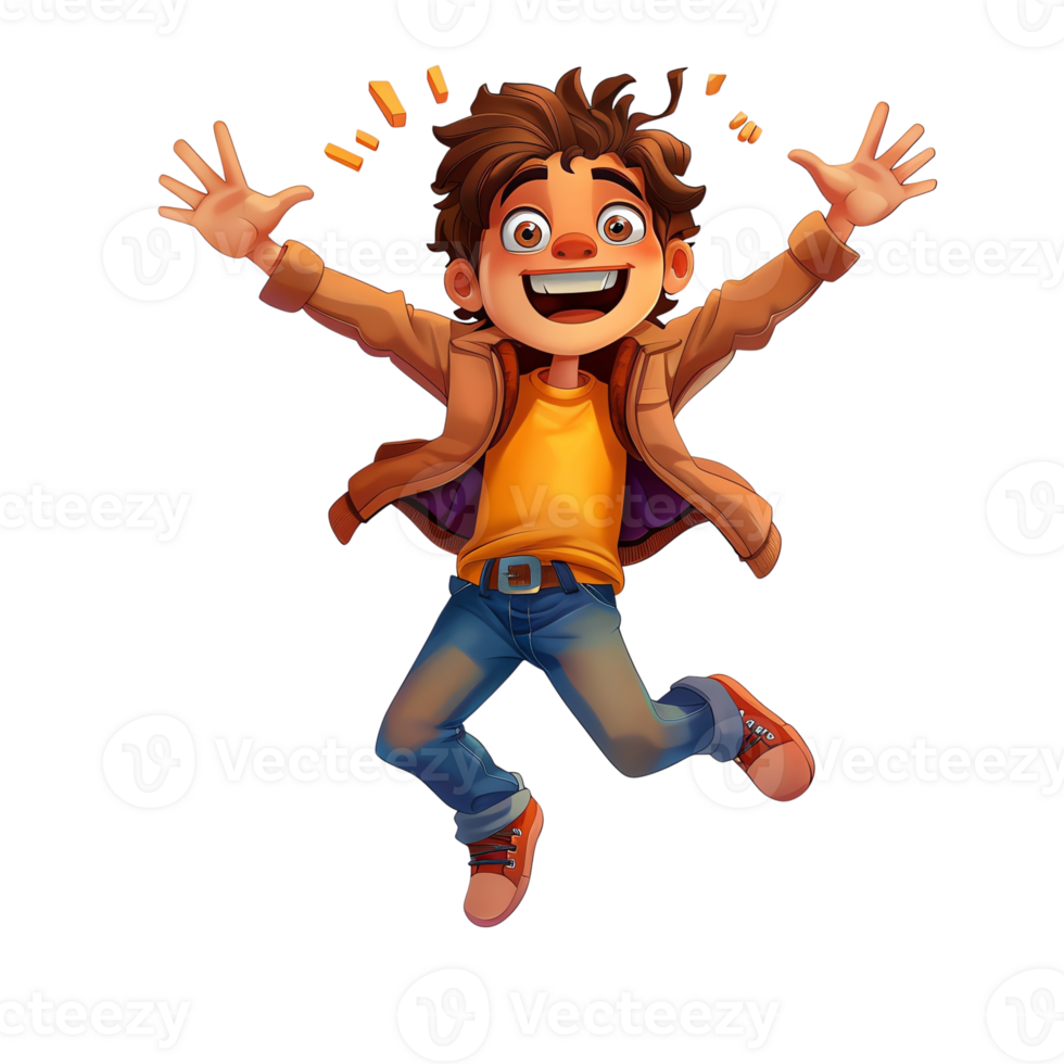 Excited cartoon boy jumping with joy, wearing jeans and a jacket. png