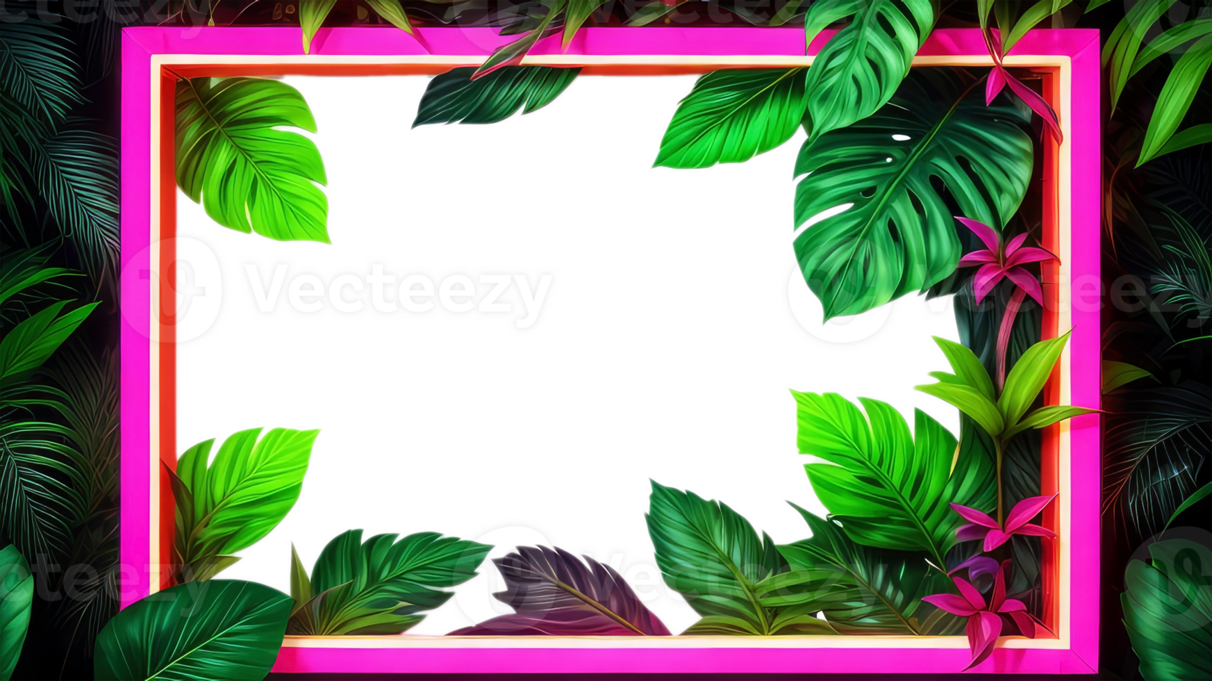 Pink neon frame encasing dense arrangement of lush green leaves on transparent background.Generated Image. png