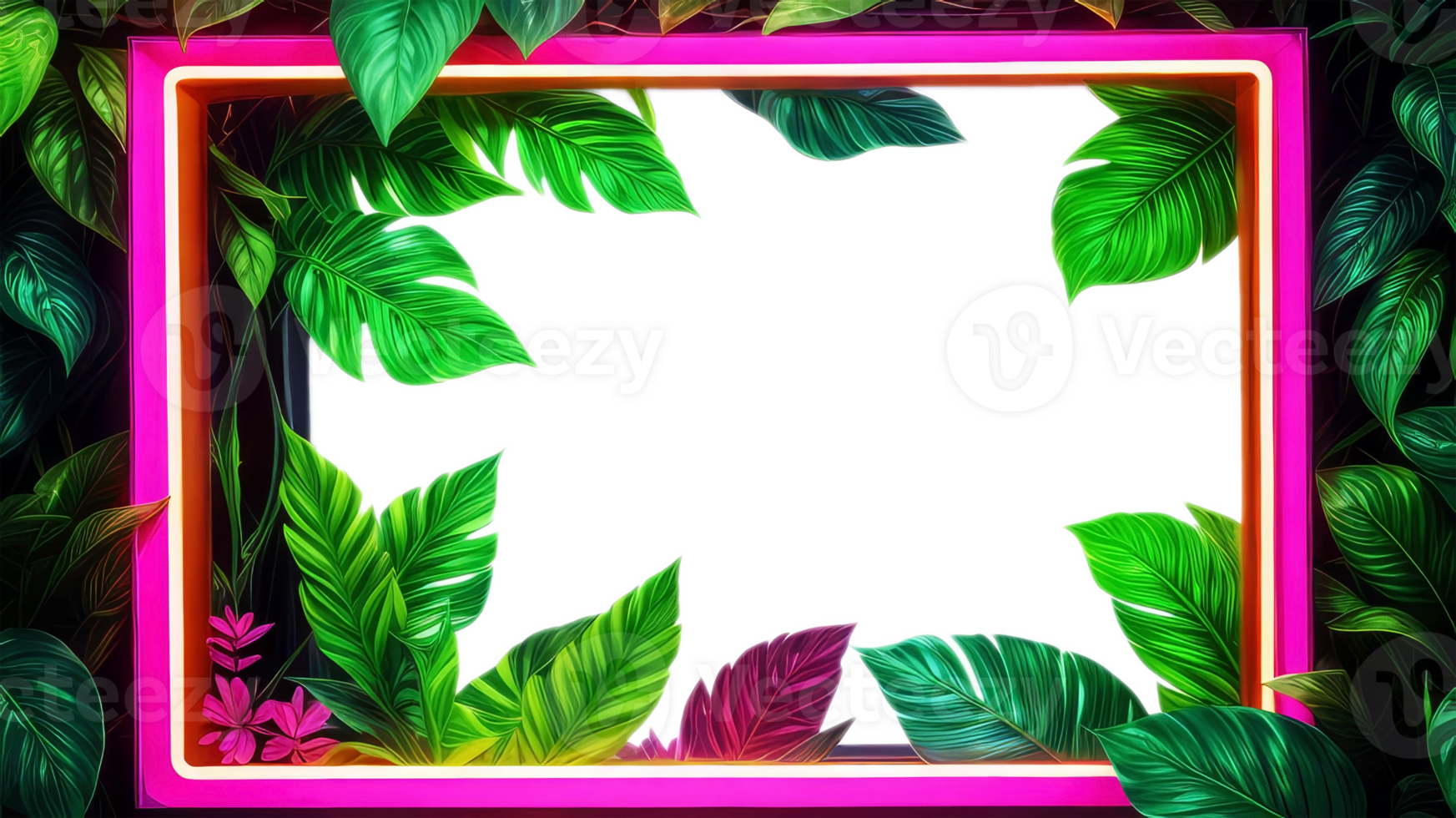 Pink neon frame encasing dense arrangement of lush green leaves on transparent background.Generated Image. png