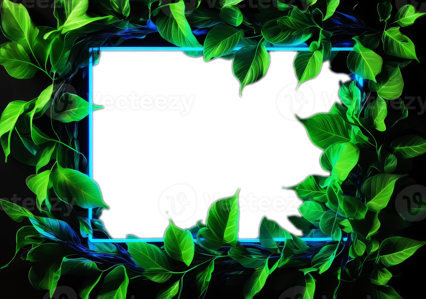 Blue neon frame encasing dense arrangement of lush green leaves on transparent background.Generated Image.. png