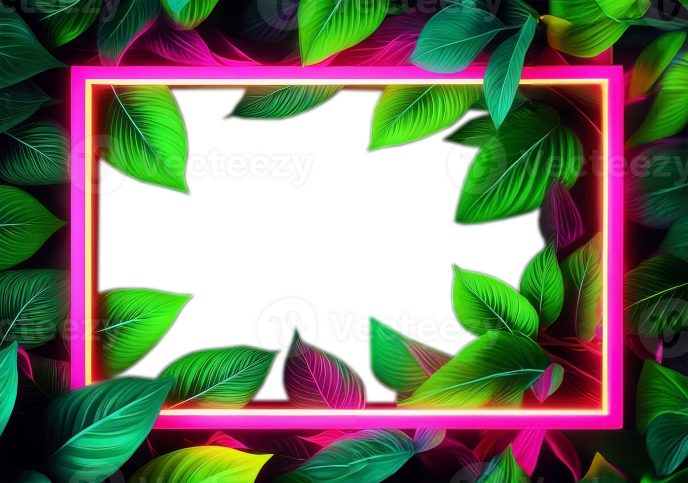 Pink neon frame encasing dense arrangement of lush green leaves on transparent background.Generated Image. png