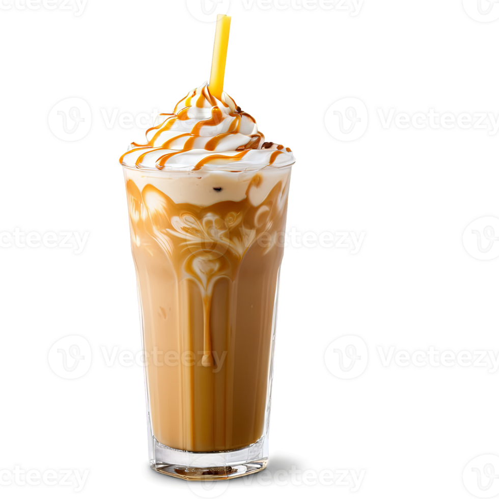 A glass of coffee with a yellow straw and a caramel drizzle on top. The drink is served in a tall glass, and the caramel drizzle adds a touch of sweetness to the beverage. png