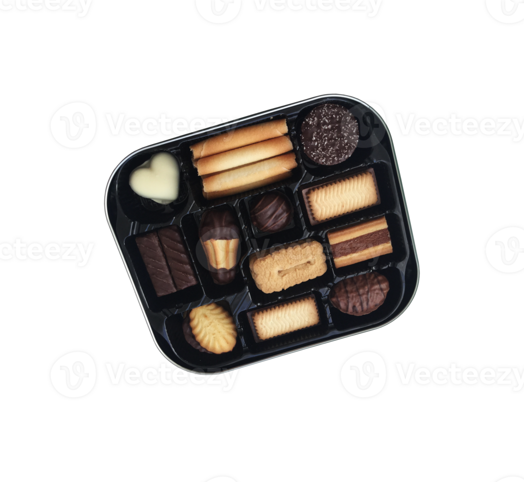 Sweet chocolate cookies assortment in open box top view isolated image, clipping path, soft focus png