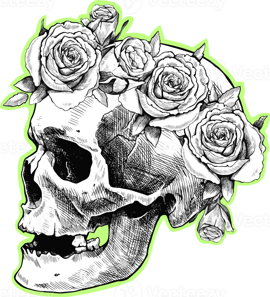 Graphic black and white drawing of a skull in flower wreath. Hand-drawn png