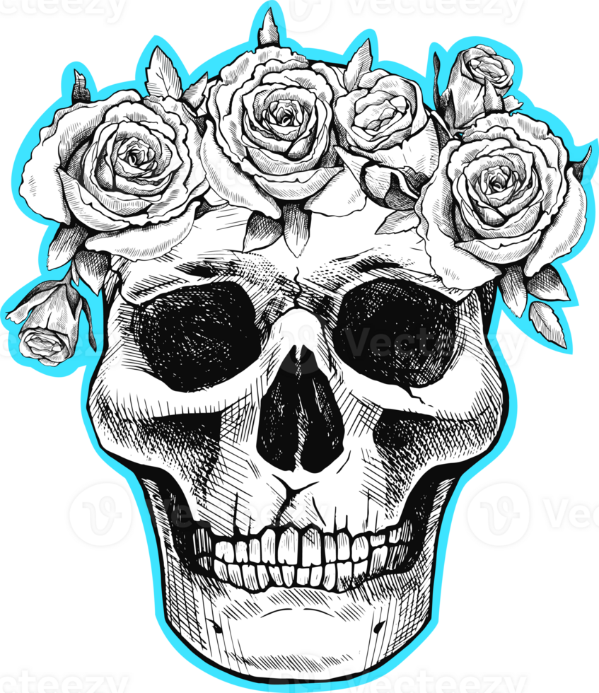 Graphic black and white drawing of a skull in flower wreath. Hand-drawn png