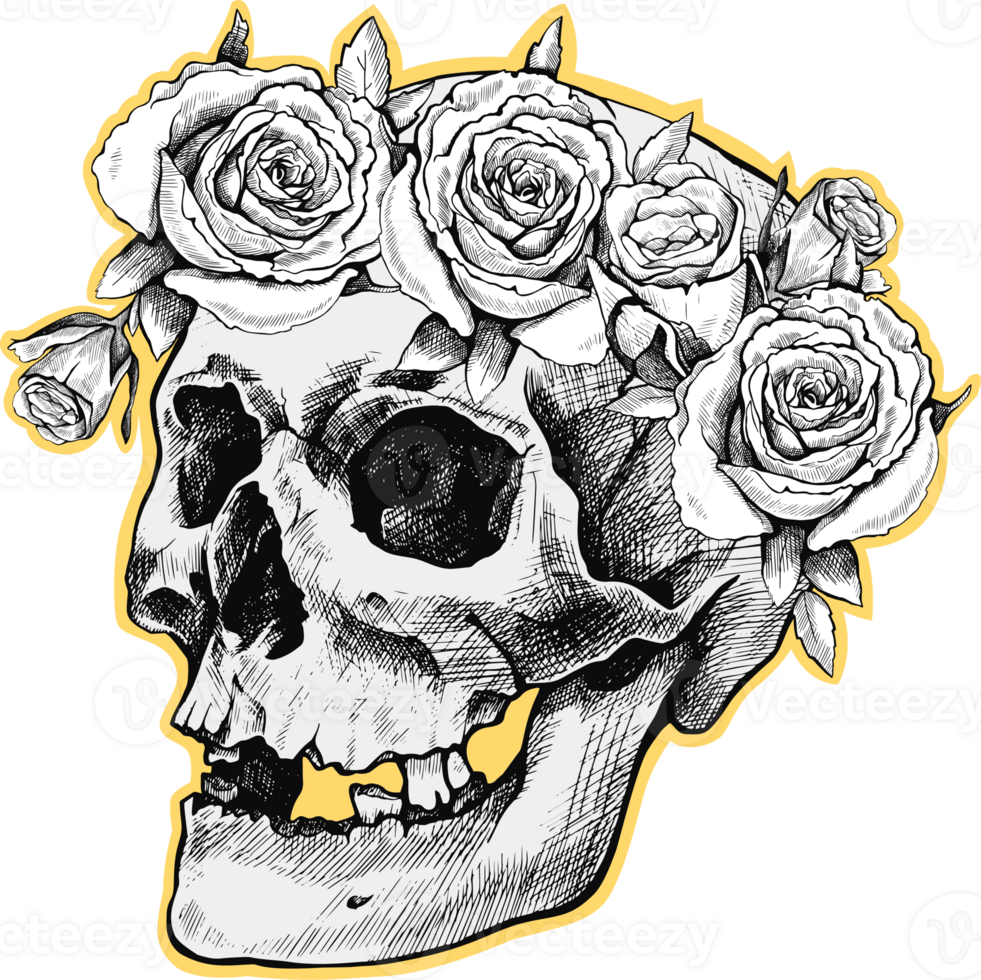 Graphic black and white drawing of a skull in flower wreath. Hand-drawn png