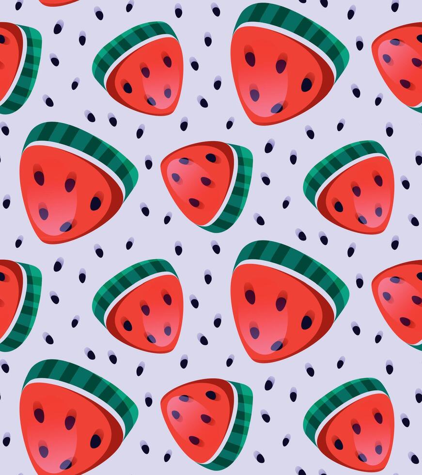 Seamless red watermelon slices, triangles pattern. Cute cartoon hand drawn illustration. Summer, fresh, juicy print. Textures for wallpaper, background, fabric. vector