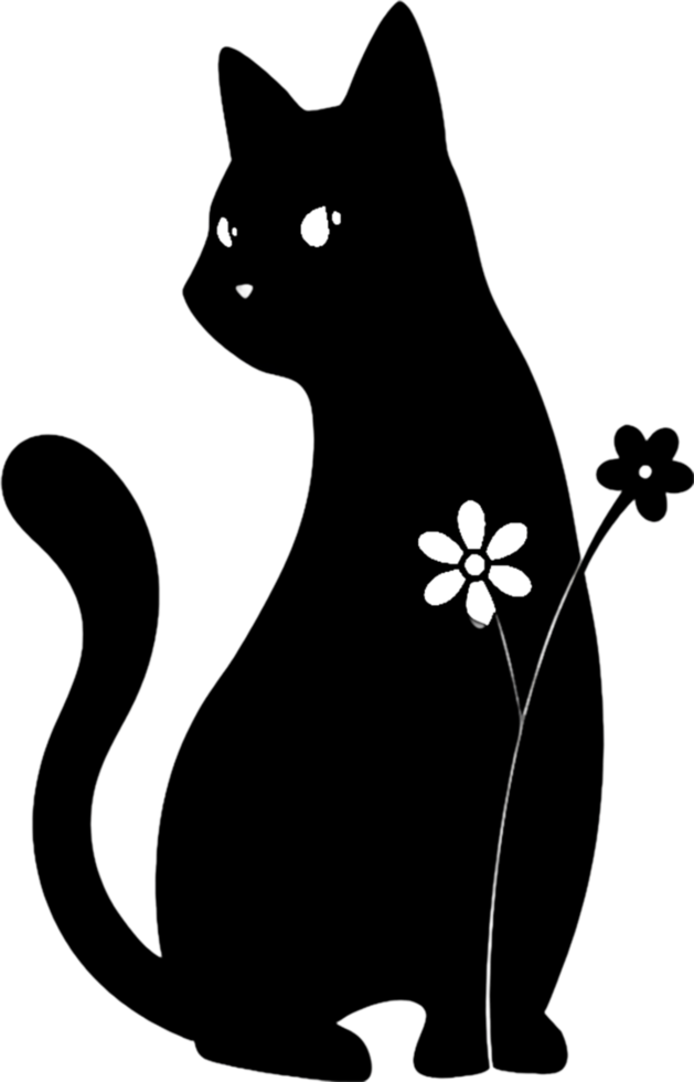 Floral Cat Silhouette, Elegant Black Stencil Art. AI-generated. png
