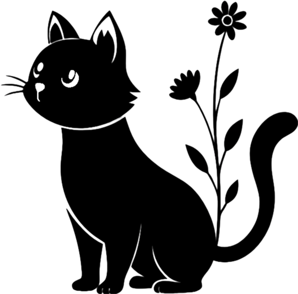 Floral Cat Silhouette, Elegant Black Stencil Art. AI-generated. png