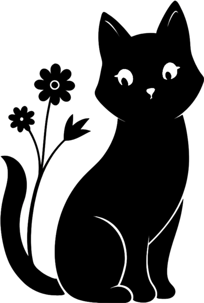 Floral Cat Silhouette, Elegant Black Stencil Art. AI-generated. png