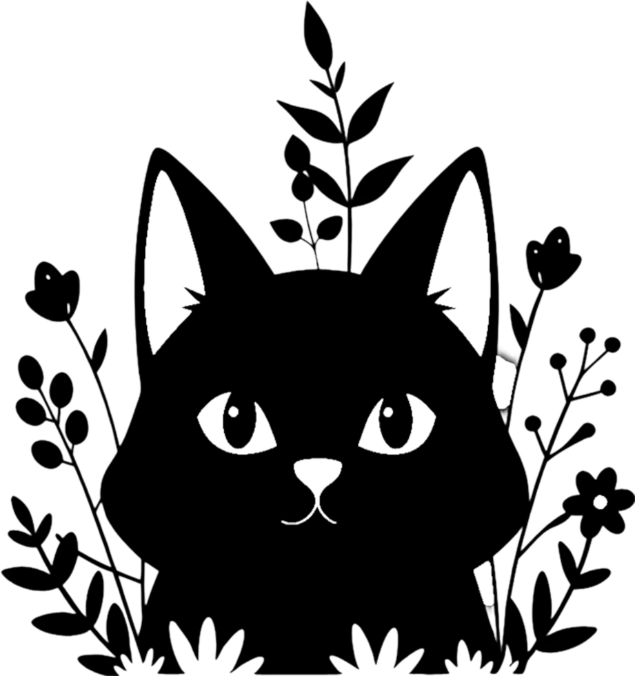 Floral Cat Silhouette, Elegant Black Stencil Art. AI-generated. png