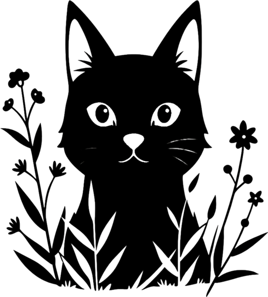 Floral Cat Silhouette, Elegant Black Stencil Art. AI-generated. png