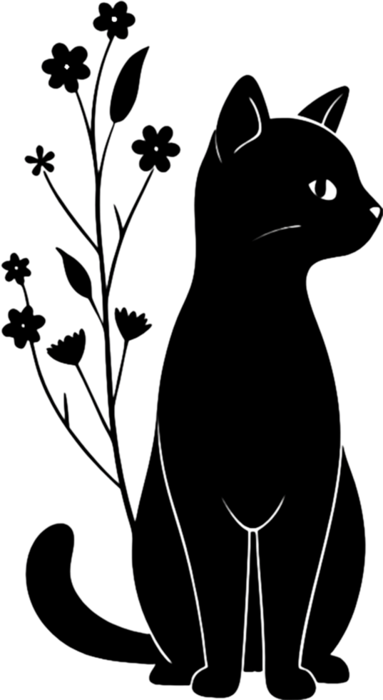 Floral Cat Silhouette, Elegant Black Stencil Art. AI-generated. png