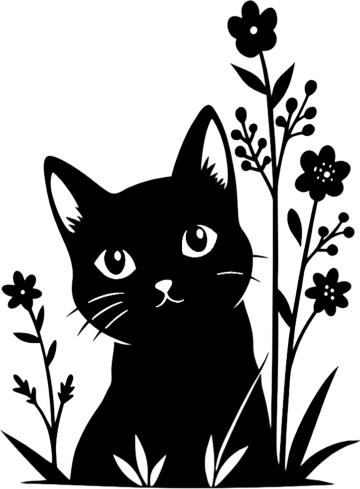 Floral Cat Silhouette, Elegant Black Stencil Art. AI-generated. png