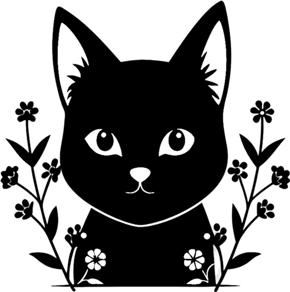 Floral Cat Silhouette, Elegant Black Stencil Art. AI-generated. png