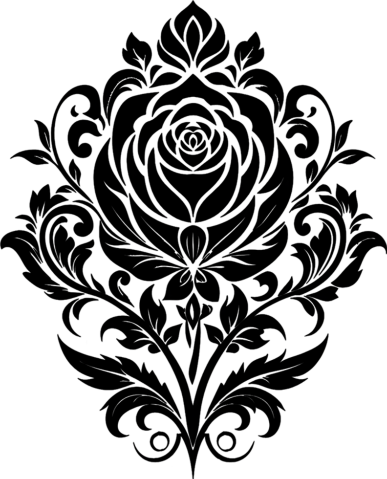Vintage Rose Damask Floral Symmetry Black Stencil. AI-generated. png