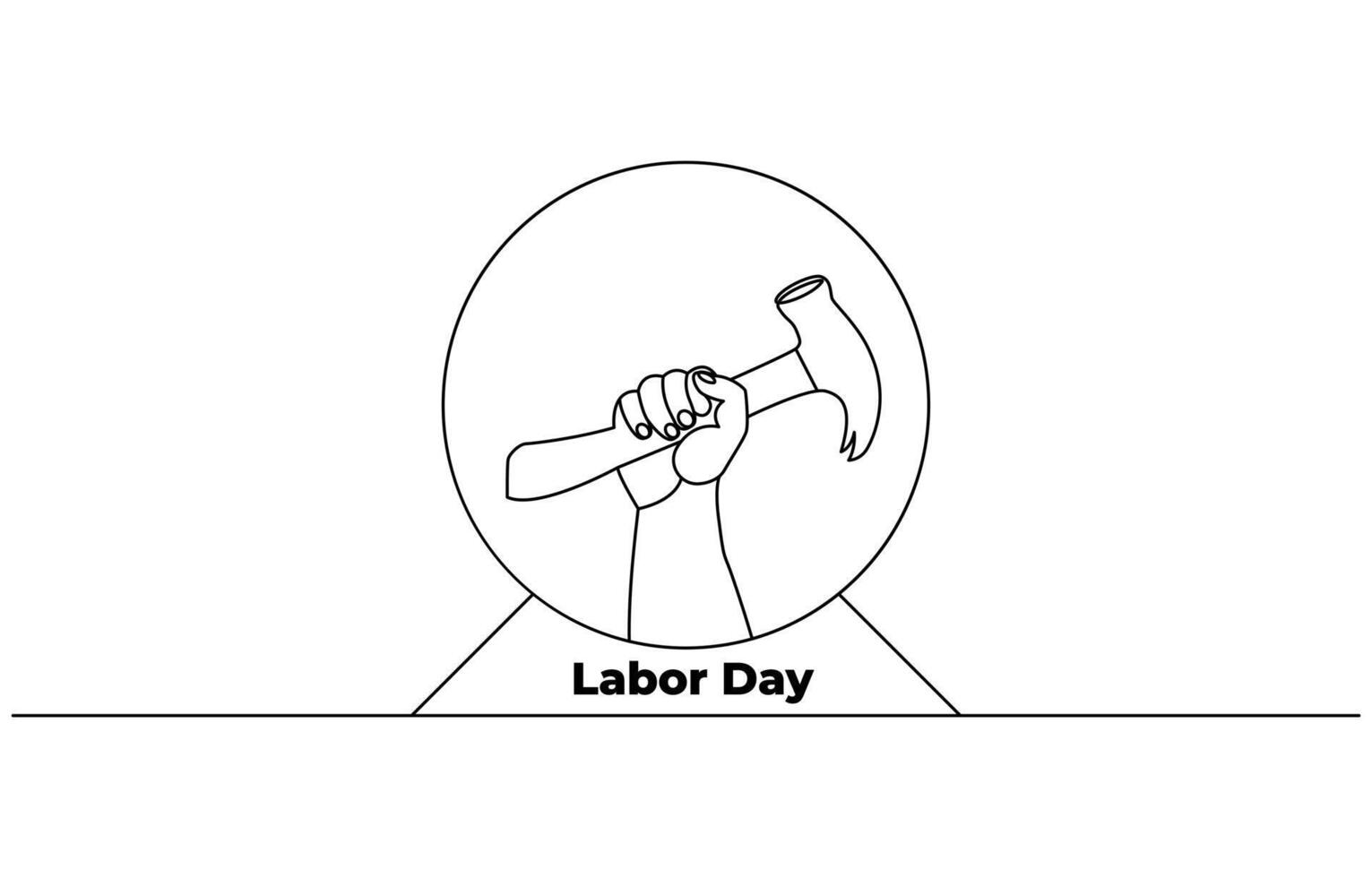 One continuous line drawing of the master's hand holds a wrench, hammer, with lettering Labor Day isolated on white background. 1st may celebration. illustration vector