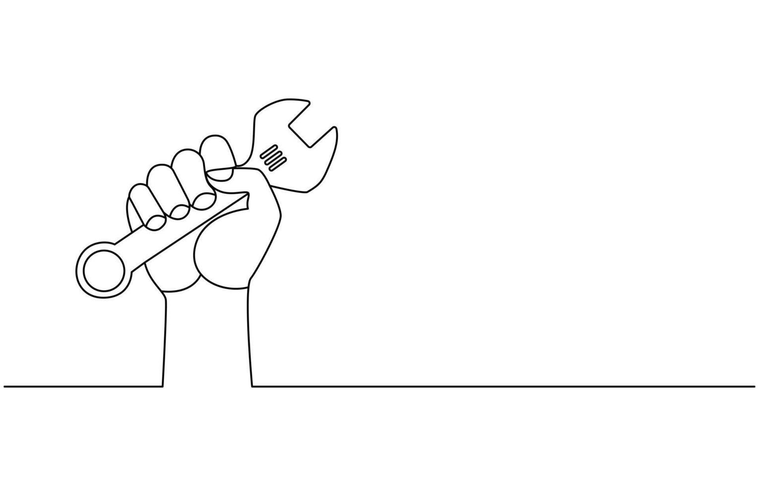 One continuous line drawing of the master's hand holds a wrench, hammer, with lettering Labor Day isolated on white background. 1st may celebration. illustration vector