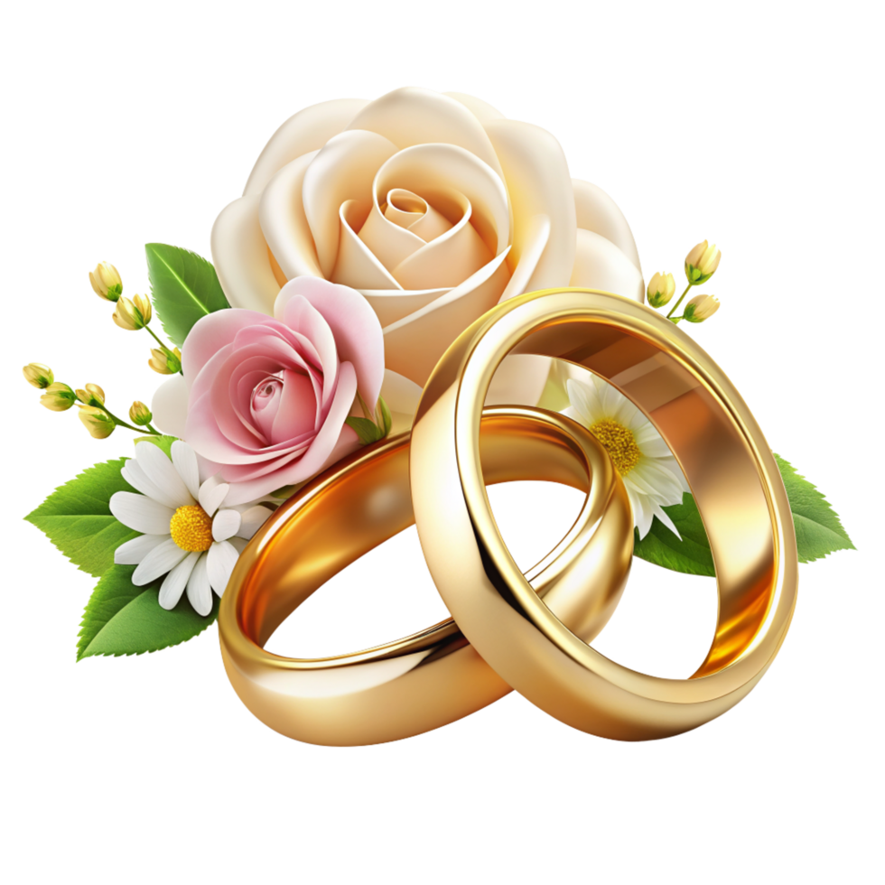 réaliste mariage anneaux avec fleurs élément png