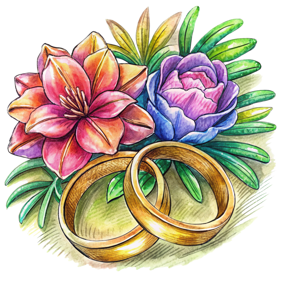 Wedding Rings with Flowers Hand Drawn Image png