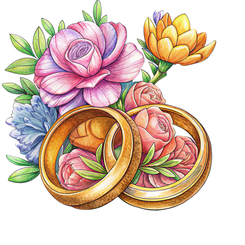 Wedding Rings and Flowers Hand Drawn Art png