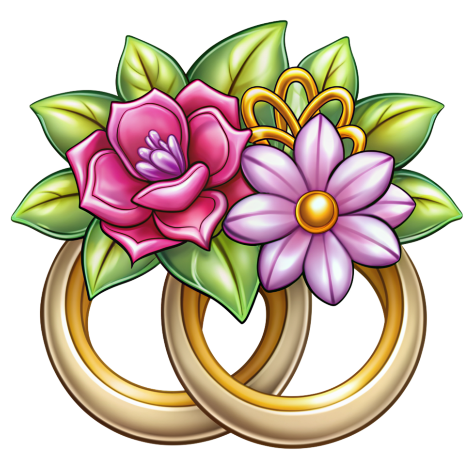 Wedding Rings with Flowers Cartoon Graphic png