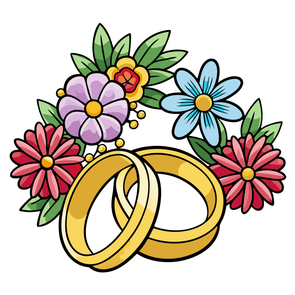 Wedding Rings with Flowers Flat Illustration Item png