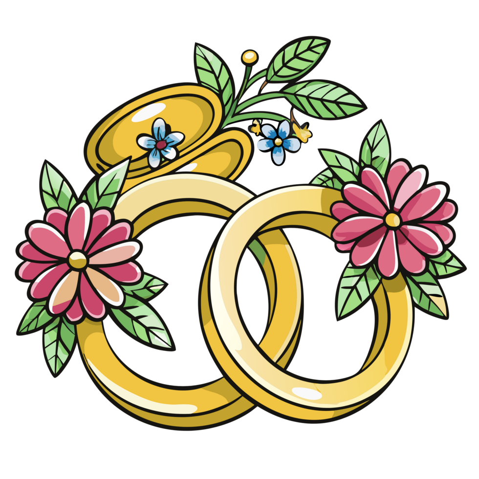 Wedding Rings with Flowers Flat Illustration Style png