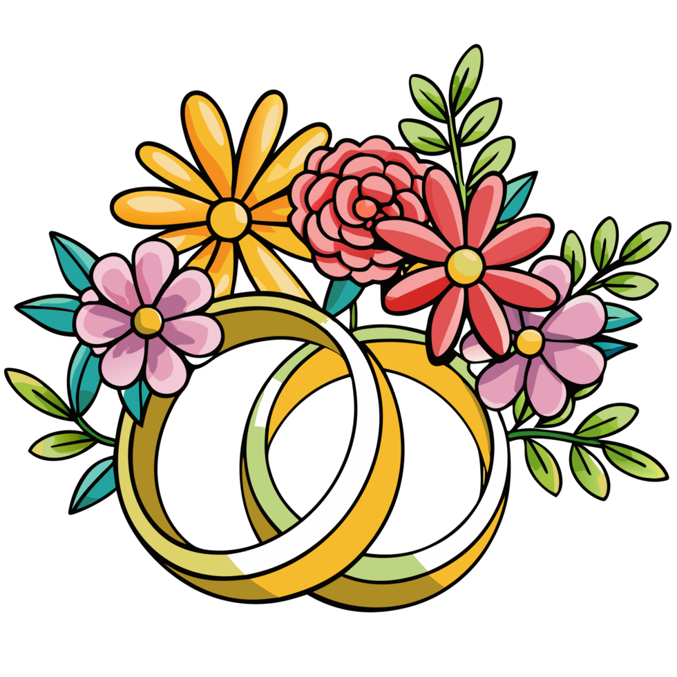 Wedding Rings with Flowers Flat Illustration Object png