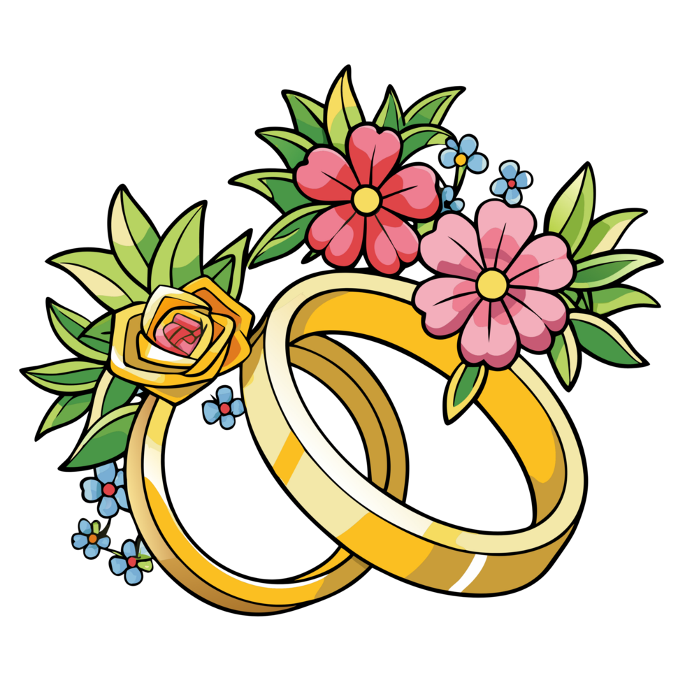 Wedding Rings with Flowers Flat Illustration Graphic png