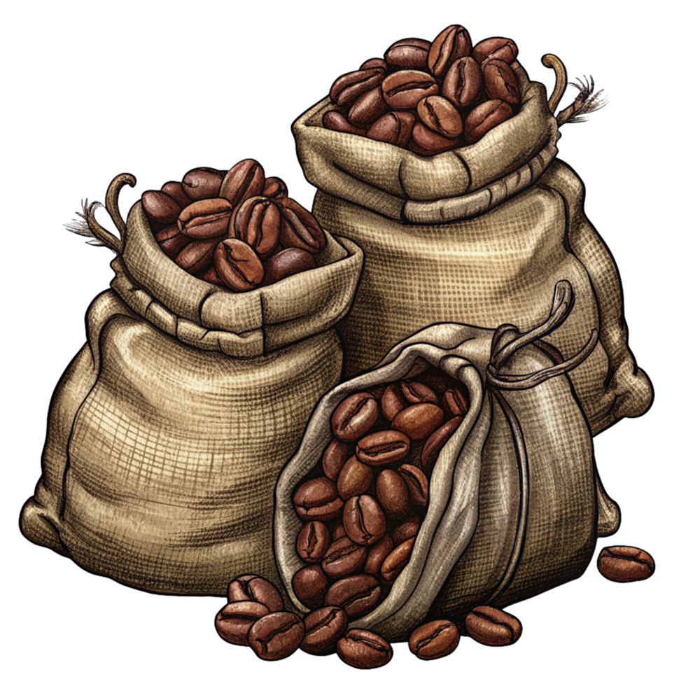 Hand Drawn Roasted Coffee Beans in Hemp Sacks png