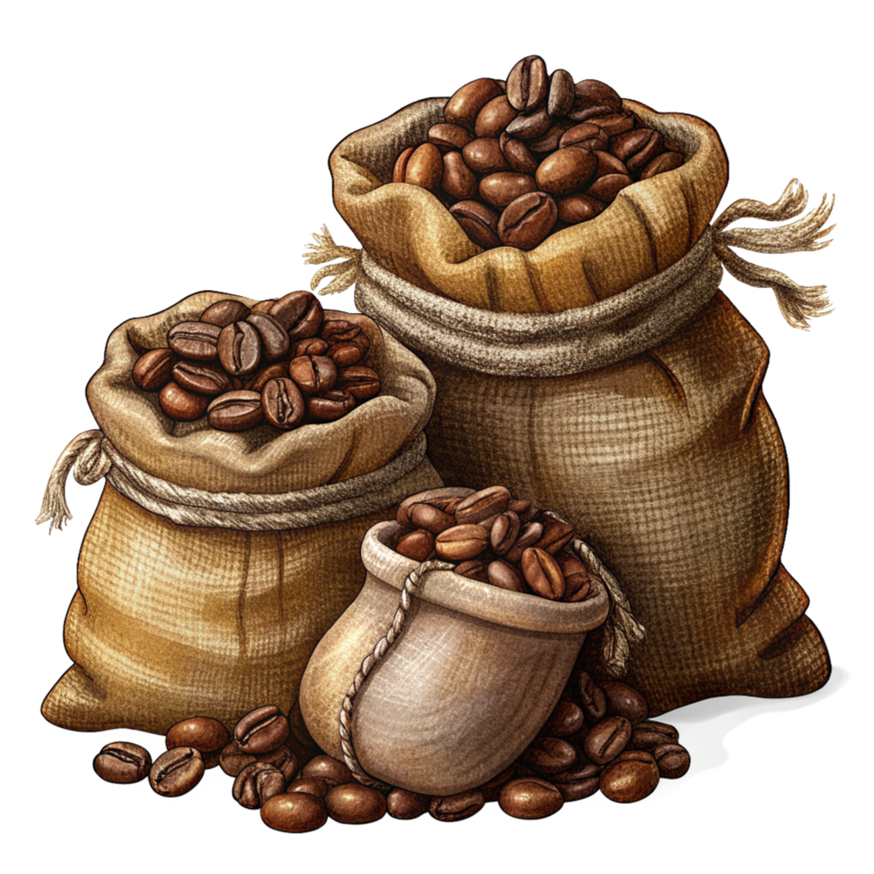 Hand Drawn Roasted Coffee Beans in Hemp Sacks Style png