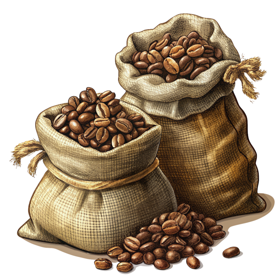 Hand Drawn Roasted Coffee Beans in Hemp Sacks Art png