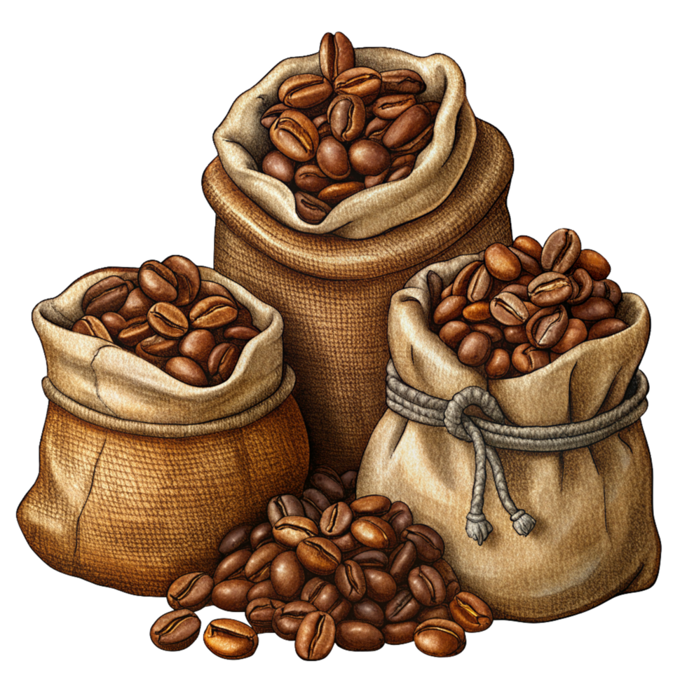 Hand Drawn Roasted Coffee Beans in Hemp Sacks Item png
