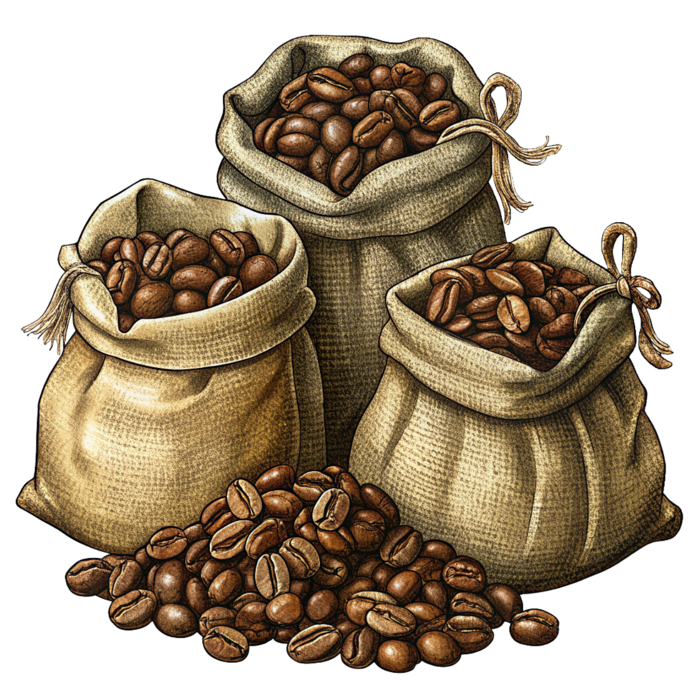 Hand Drawn Roasted Coffee Beans in Hemp Sacks Object png