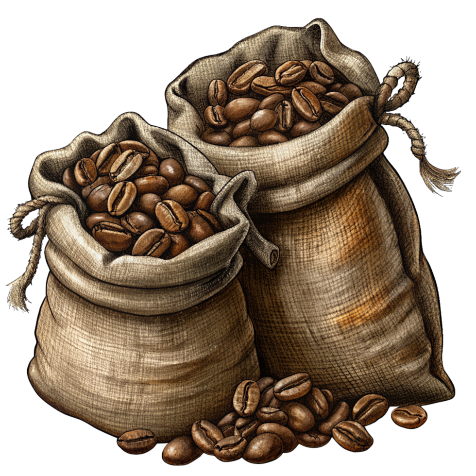 Hand Drawn Roasted Coffee Beans in Hemp Sacks Image png